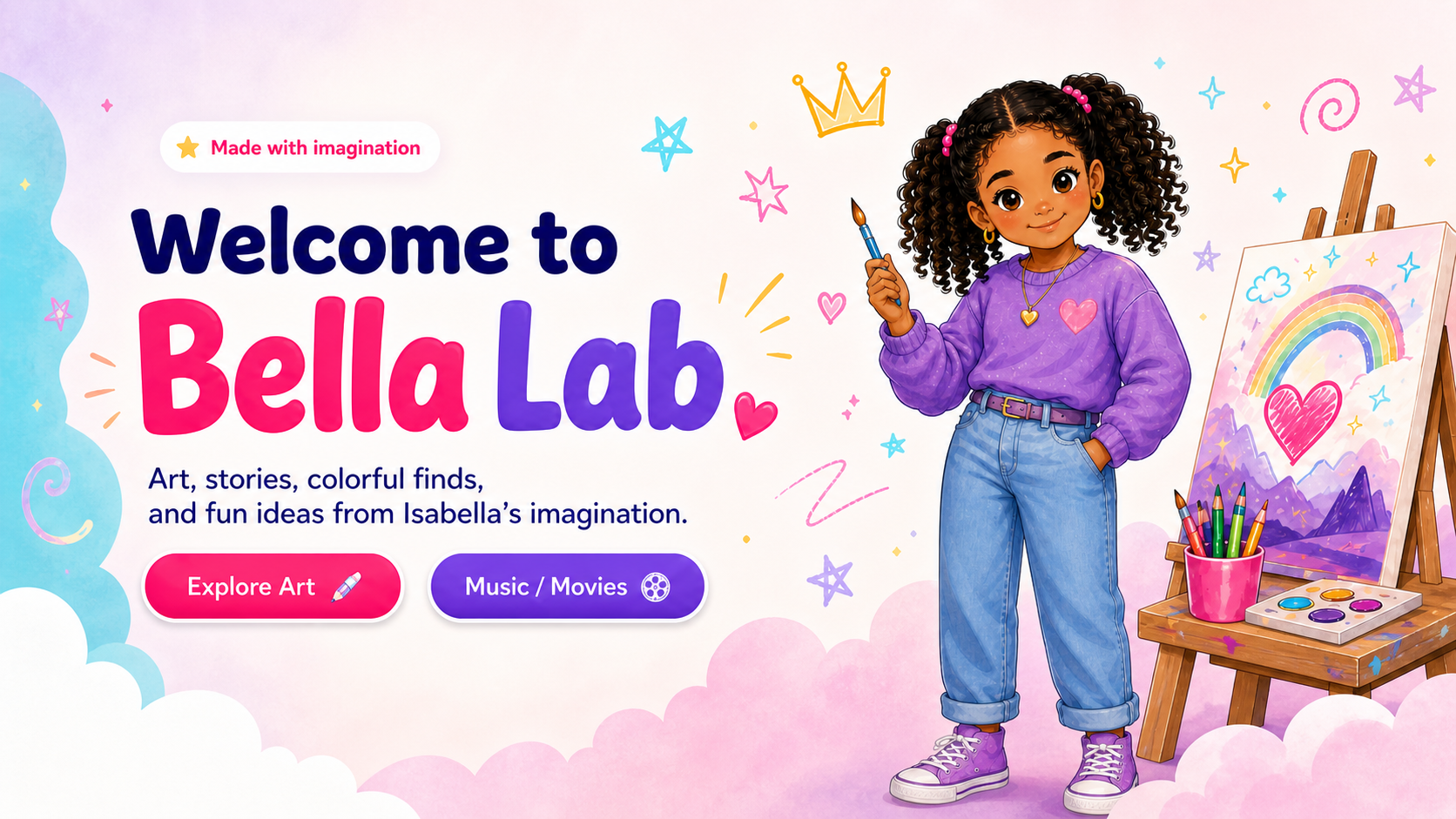 Welcome to Bella Lab hero banner with Isabella illustration, creative doodles, and art theme.